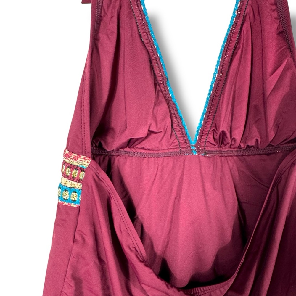 La Blanca Running Stitch Embellished Halter Tankini Top, Deep Maroon, Size 16 - Picture 12 of 14